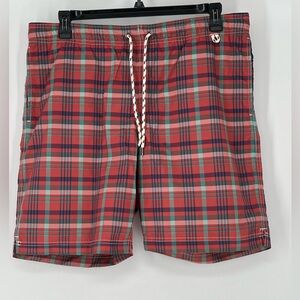 LAND’S END SWIM‎ TRUNKS NWOT RED BLUE GREEN PLAID, MESH LINER, DRAWSTRING WAIST